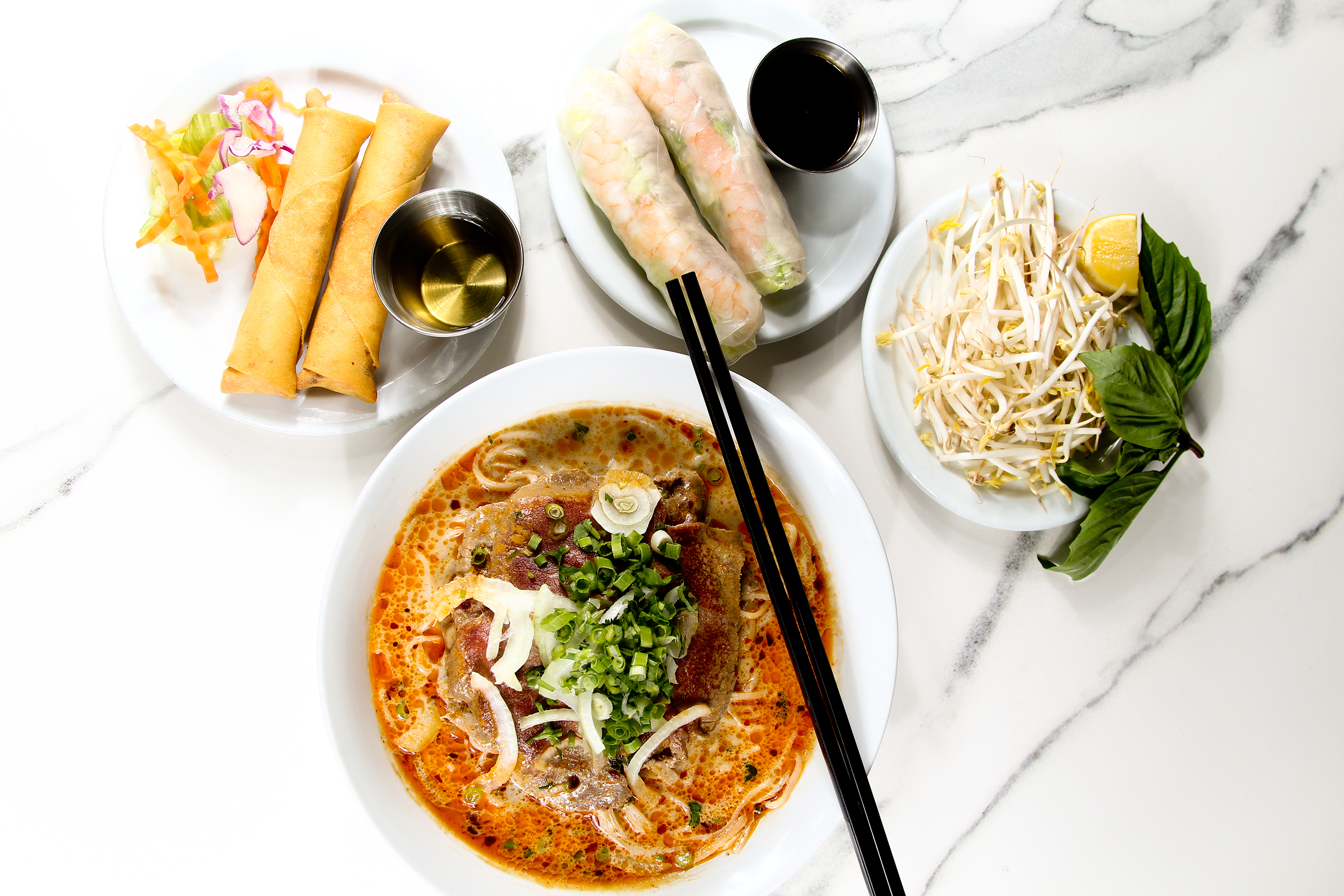Bowl of pho noodles and other Vietnamese food